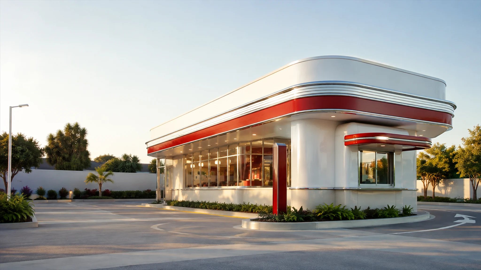 Conceito arquitetônico de uma unidade Belardo's com pista de drive-thru